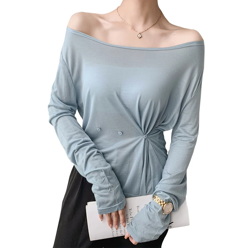 

White Casual Sun Protection T Shirt Women's Long Sleeved Bottoming Loose Shirt Female Thin Off Shoulder Korean Sexy Tops