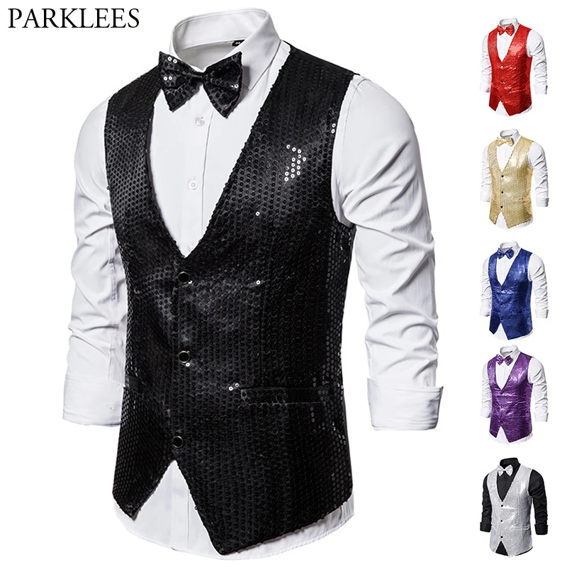 

Black Full Sequins Paillette Waistcoat Slim Fit V Neck Shiny Glitter Vests Mens Party Wedding Nightclub Stage Vest with Bowtie