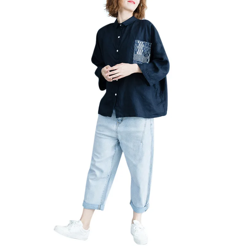 Женская рубашка с накладной карман [Bazhenova] легкая тонкая хлопковая рукавом девять