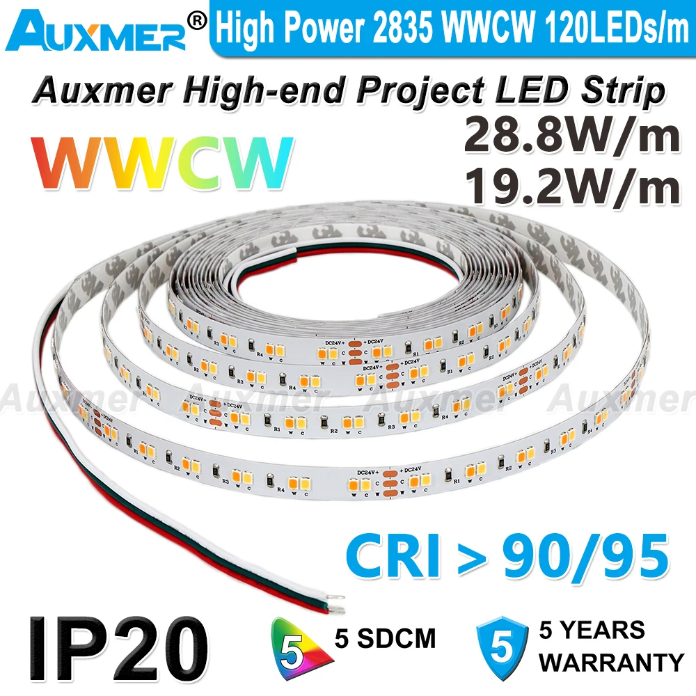 High Power 2835 WWCW LED Strip Lights,120LEDs/m,IP20,CRI95/90,19.2W 28.8W/m,CCT Color temperature adjustable LED,DC12/24V