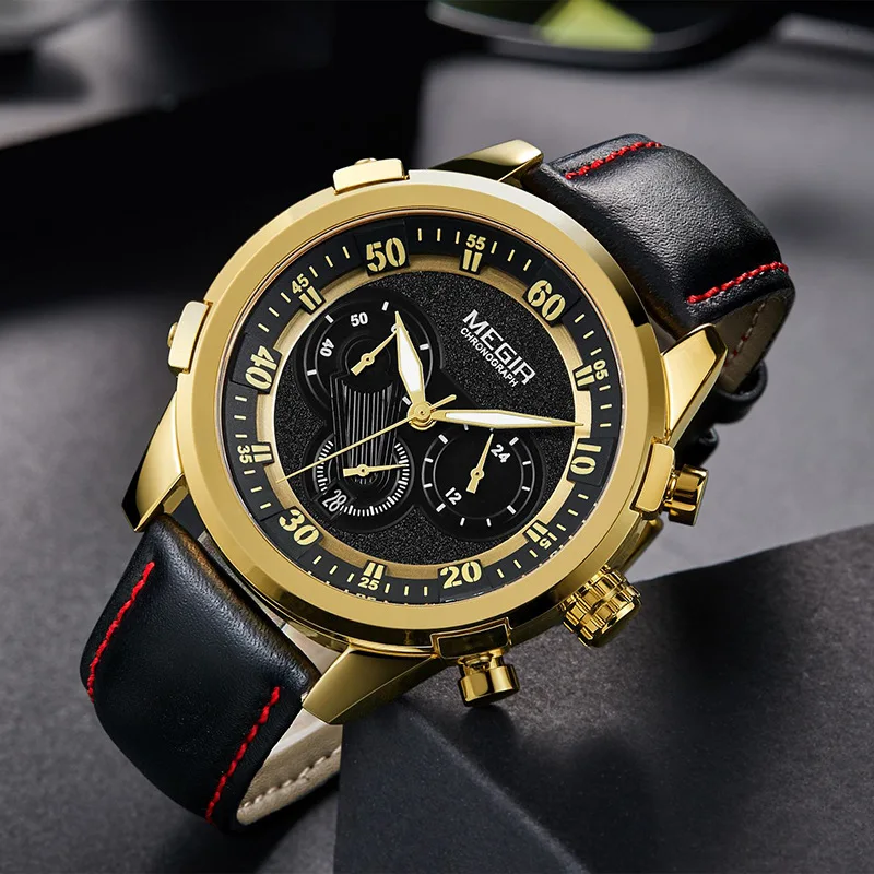 

Luxury Men's Watch MEGIR To Brand Multi-function Calendar Timing Leather Sports Men's Watches Quartz Clock