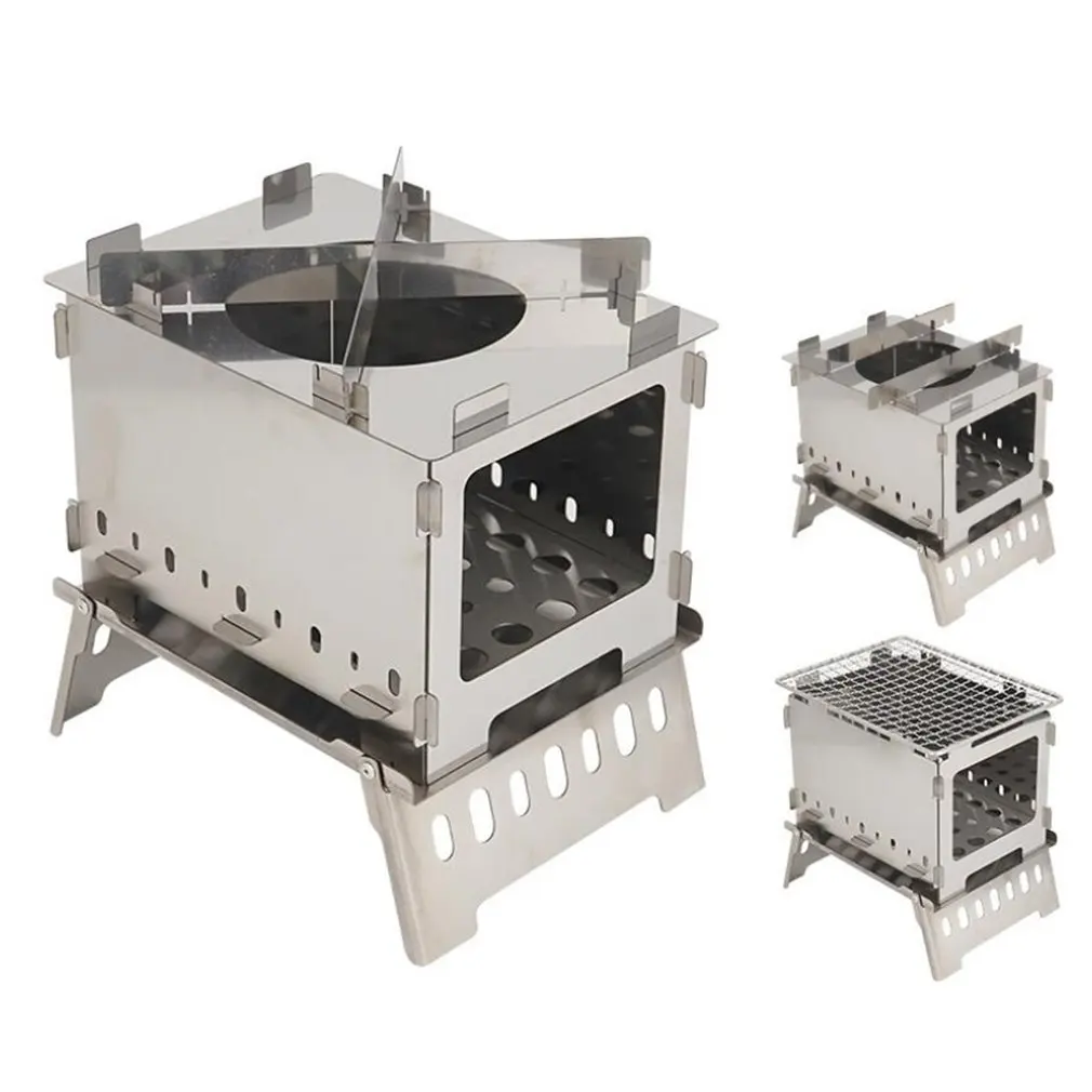 

Mini Outdoor Firewood Stove Camping Cooking Picnic Travel Stainless Steel Square Wood Stove Charcoal Folding Grill