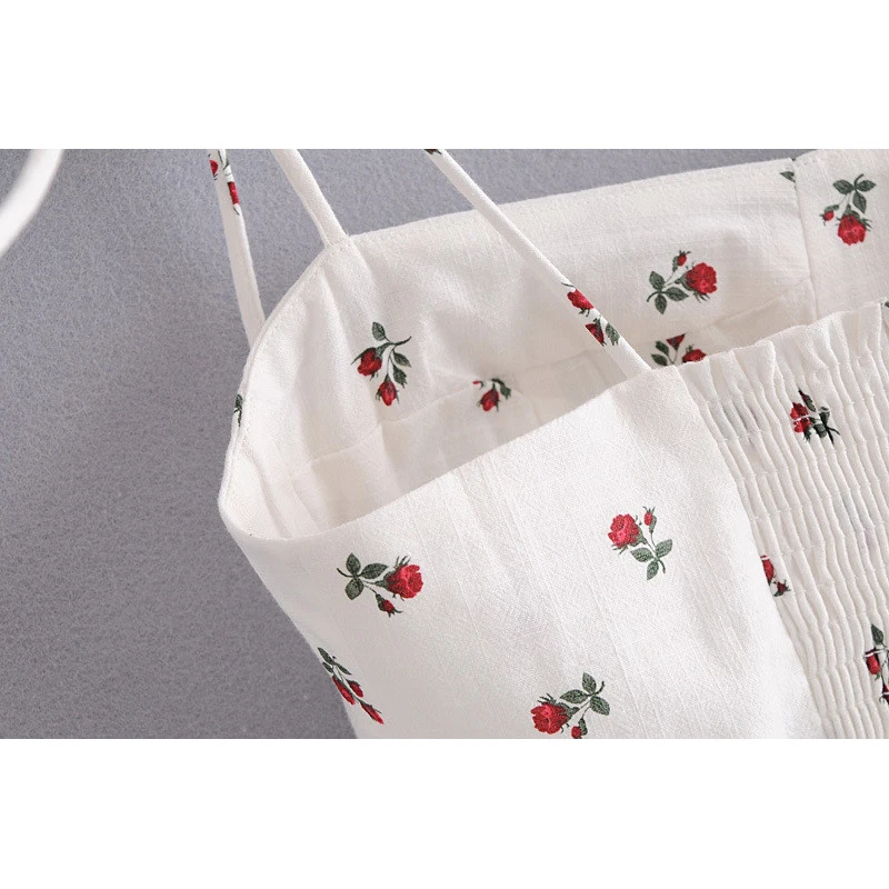 

New 2021 Vintage French Style Floral Print Cute Ladies Short Sling Tops Sweet Girls Elasic Waist Backless Rose White Camis Chic