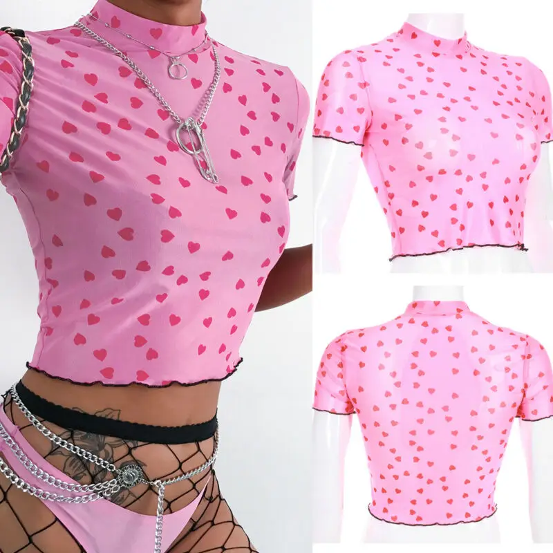 Сетчатый топ Маленькое красное сердце водолазка футболки для женщин прозрачные