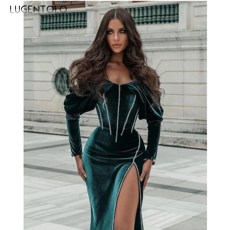 

Winter Dress Women Long Sleeve Dinner Slim Strapless Party Dresses Lady Sexy Dark Green Empire Split Fork Long Dress