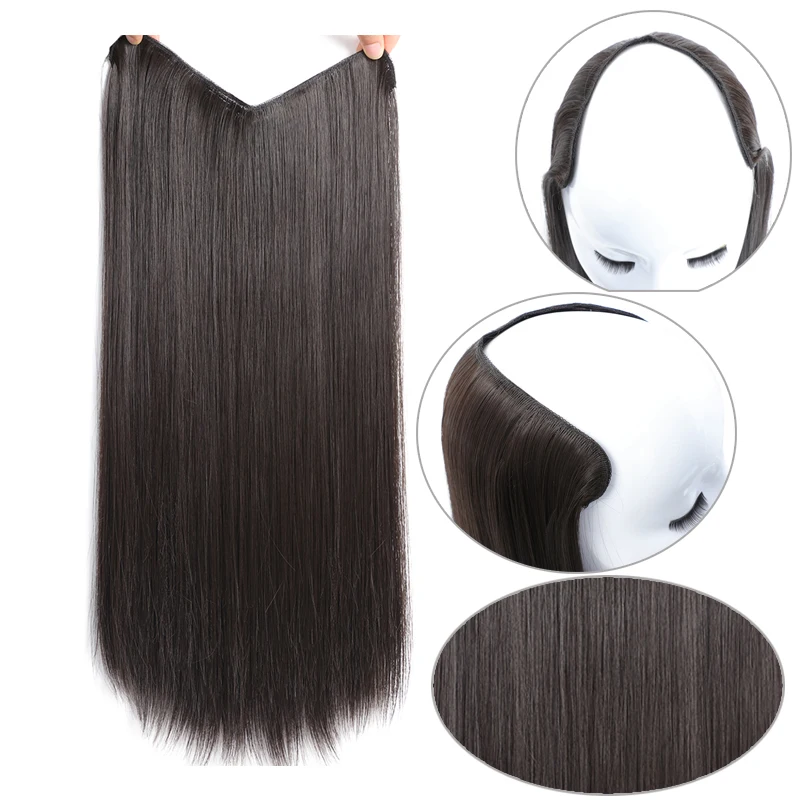 

long wavy straight hair extension synthetic 4 clips ins one piece extension hair women Fake Hair half Wig Black Brown