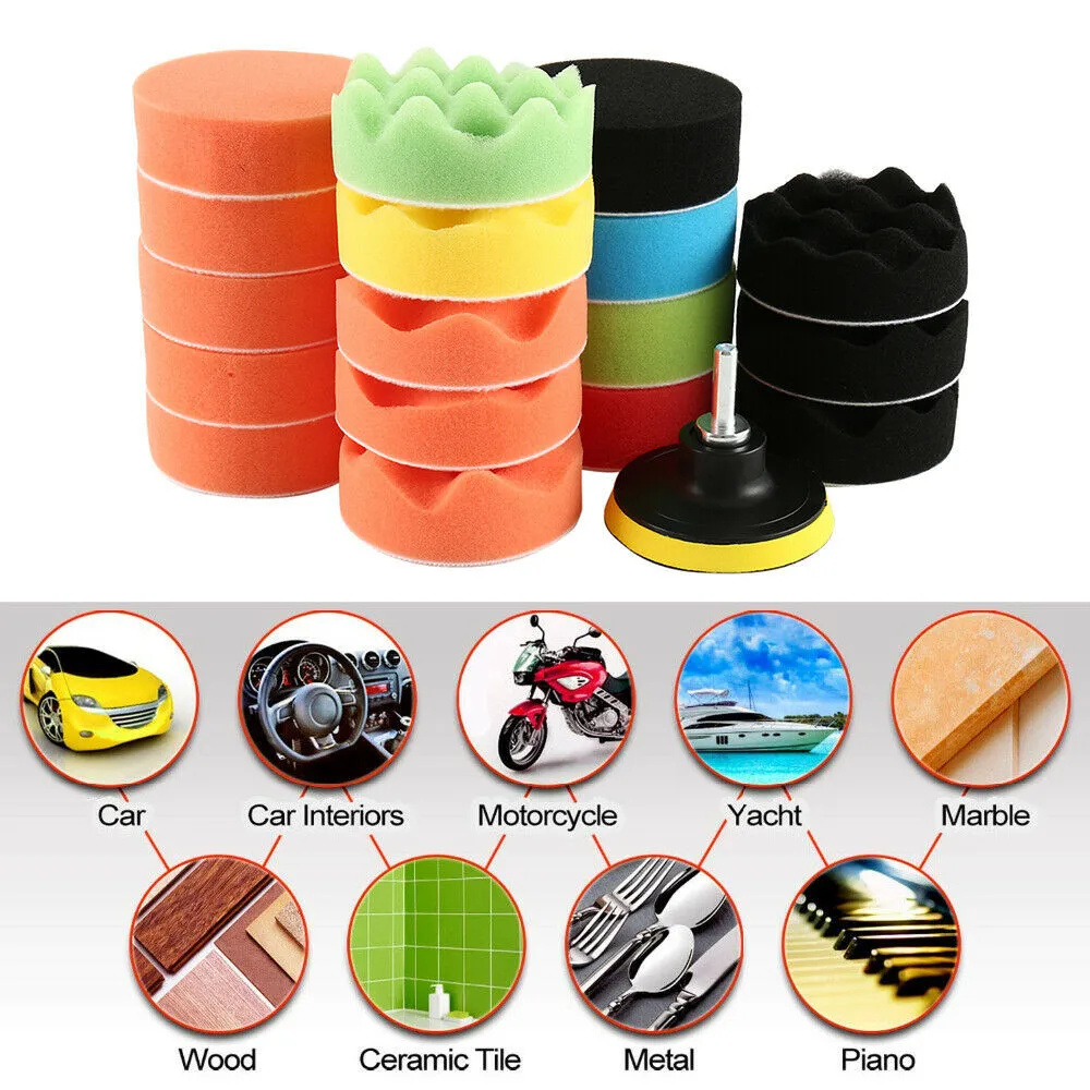 

19x Car Polisher Gross Polishing Pads For Drill Sponge Buffer Waxing Buffing Kit Cleaning Tool M10 Thread Drill Adaptor