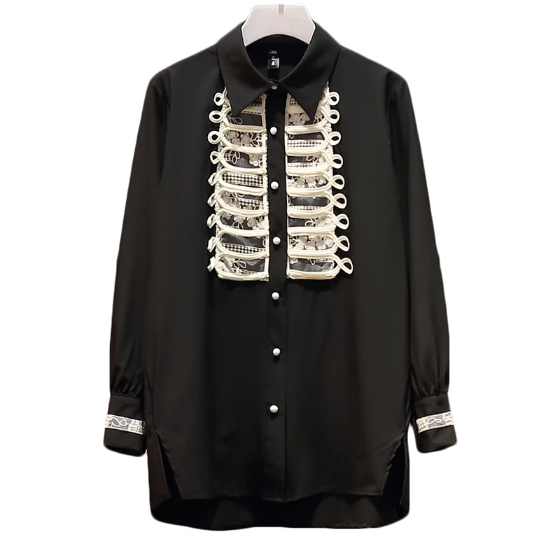 

Fashion Women Chiffon Blouse Tops Autumn 2021 Vintage Casual Loose Palace Shirt Long Sleeve Patchwork Lace Crochet Black Blouses