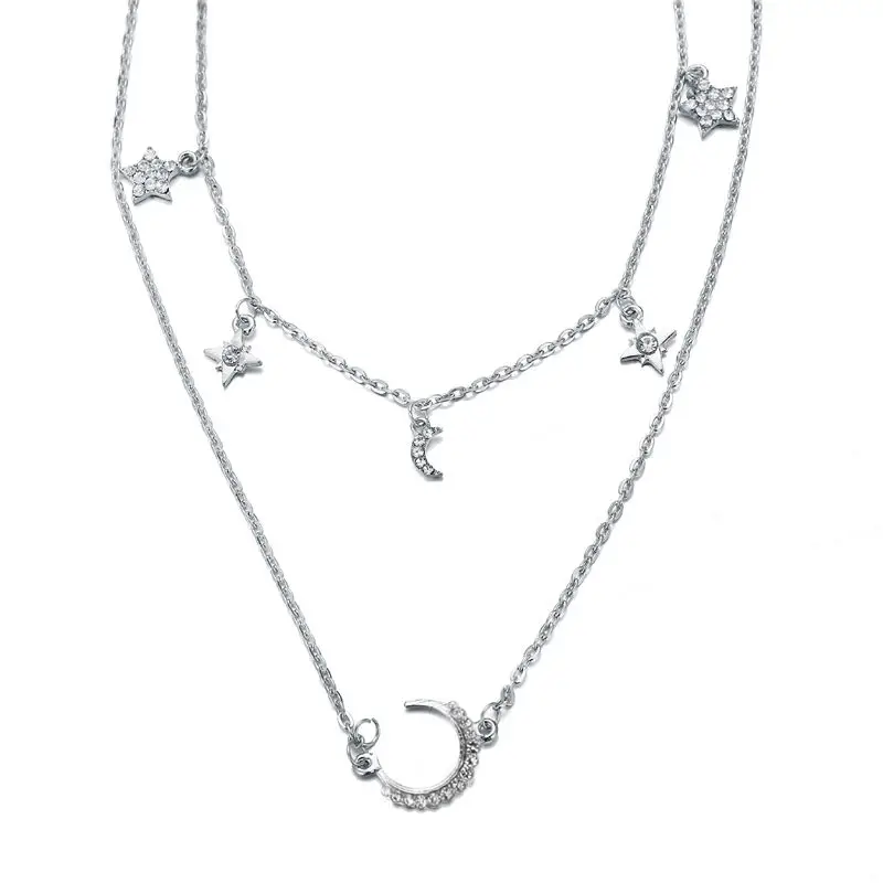 

New Bohemian Multilayer Crystal Moon Star Pendant Necklace For Women Fashion Multi layer Necklaces Pendants Jewelry Gift