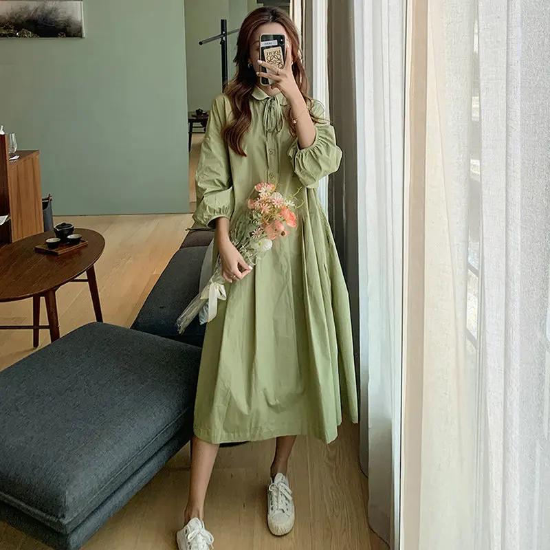 

Korean Avocado Green Dress Woman Autumn Vintage Cropped Sleeve Pater Pan Collar Calf Length Shirt Dresses Loose Streetwear 2020