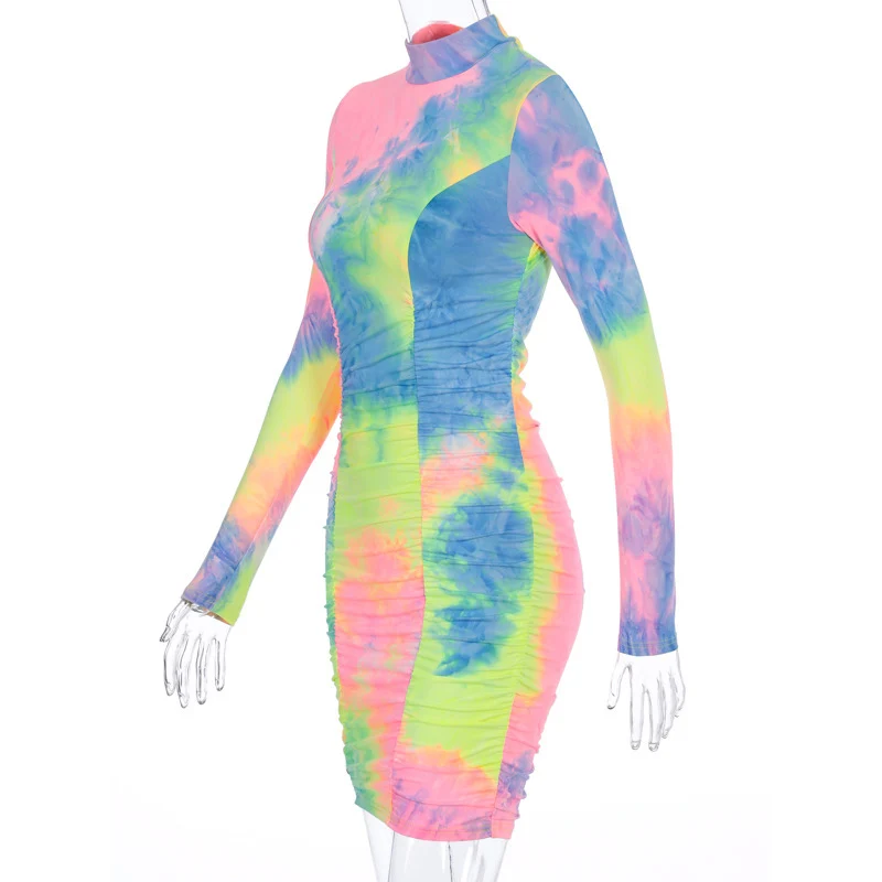 

NORMOV Women Dress Print O Neck Long Sleeve Folds Mini Dresses Fashion Tie Dye Skinny Sexy Club Female Dress