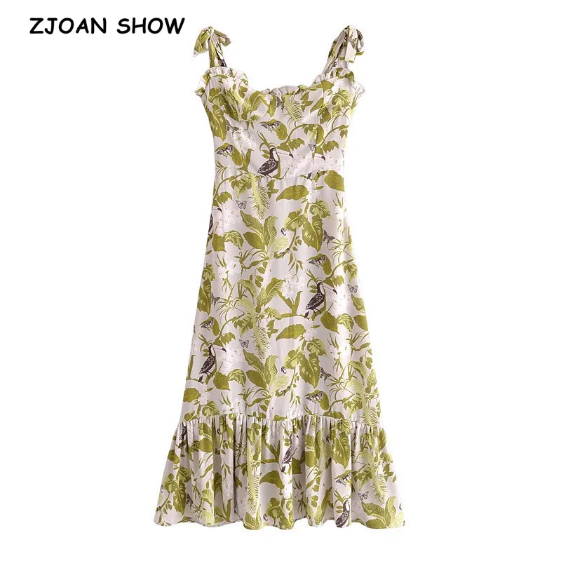 

Женское винтажное платье на бретельках, праздничное платье без рукавов с цветочным принтом птиц, оборками и бантом на подоле, 2021