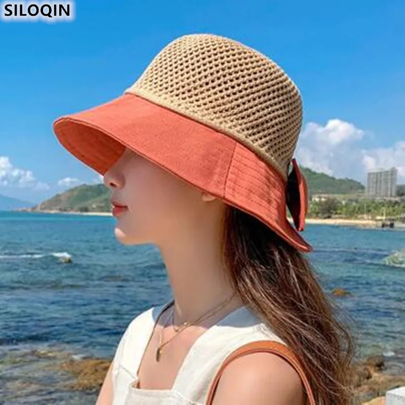 

SILOQIN трендовая модная Новая женская летняя Складная сетчатая Кепка рыбацкие шапки для песчаного пляжа Солнцезащитная шляпа плетеная сомбр...