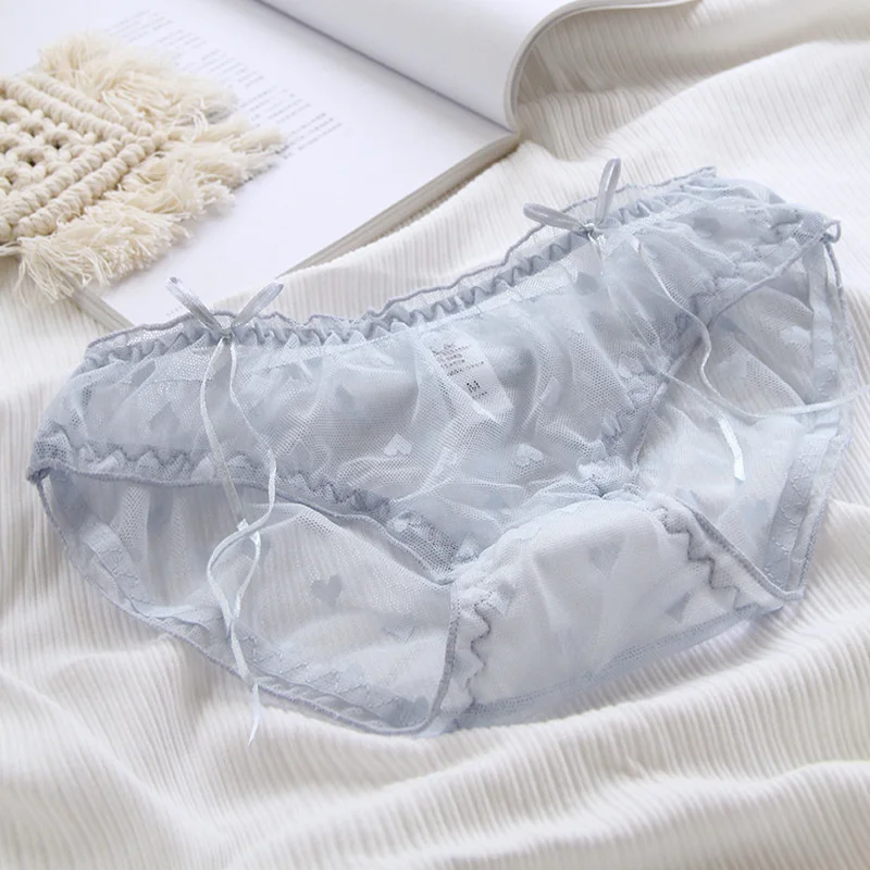 

SP&CITY Heart Embroidery Mesh Transparent Sexy Underwear Women Ruffle Hollow Out Panties Thongs Crotch Cotton Seamless Briefs