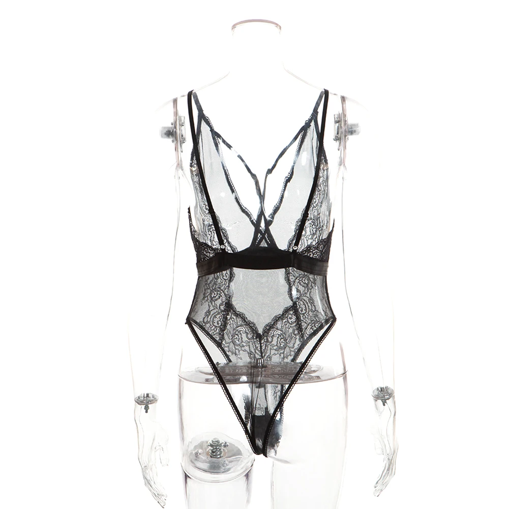 

Women Lady Sexy Black/White Lingerie Sling Hollow Out Deep V Neck See-through Backless Bodysuits Leotard Underwear Sleepwear