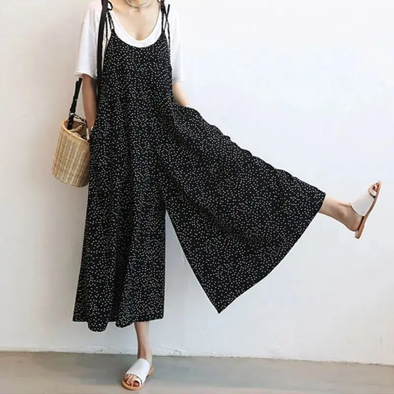 

Simple Commute Wide Leg One-Piece Culotte Women's Chiffon Polka Dots Ankle-Length Pants with Suspenders Casual Loose Overalls