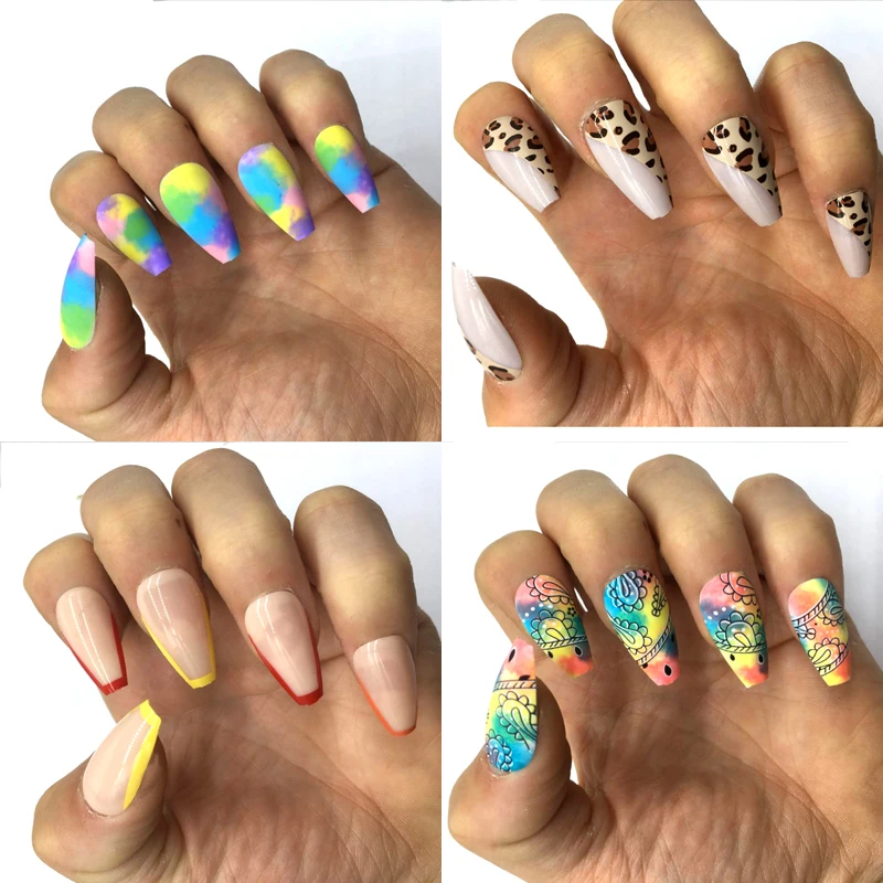 

24PCS Colourful Nails Art Fake Nail Tips False Press on Coffin with Sticker Designs Set Full Cover Artificial nails