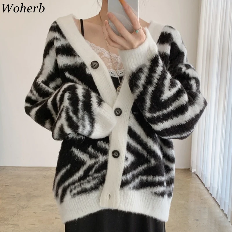 Woherb плотный свитер кардиган женская мода Повседневный с V-образным вырезом