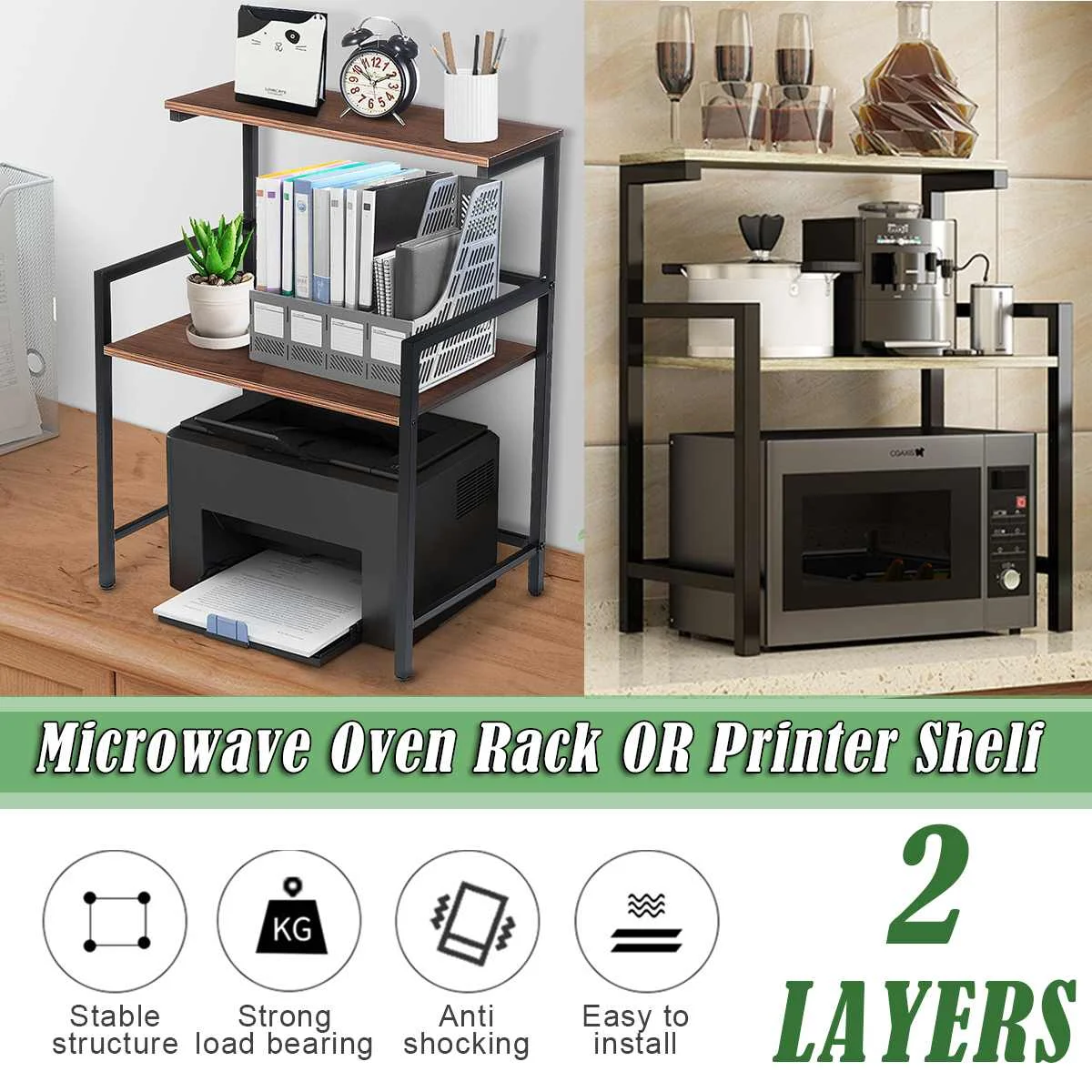 

2 Tiers Kitchen Shelf Microwave Oven Rack Stand Container Storage Holder Spice Expandable Cabinet Home Office Printer Shelfs