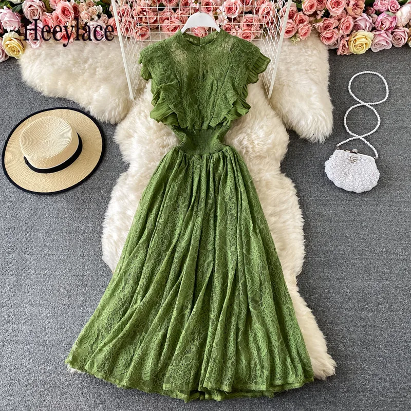 

Vintage Purple/Green/Red Lace Midi Dress Women Sweet Round Neck Ruffle Vestidos Female High Waist Slim Robe Spring Autumn 2021