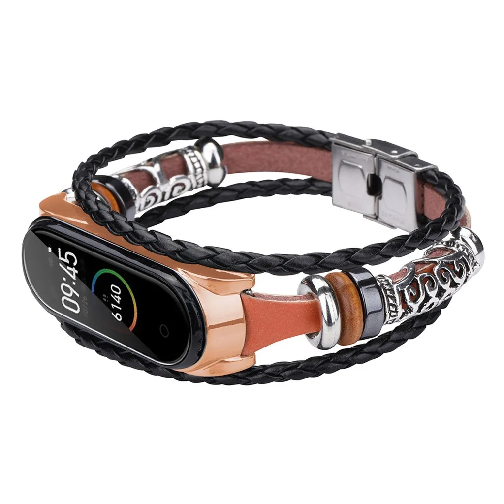 Сменный плетеный кожаный браслет с бусинами для Xiaomi Mi Band 4 | Электроника