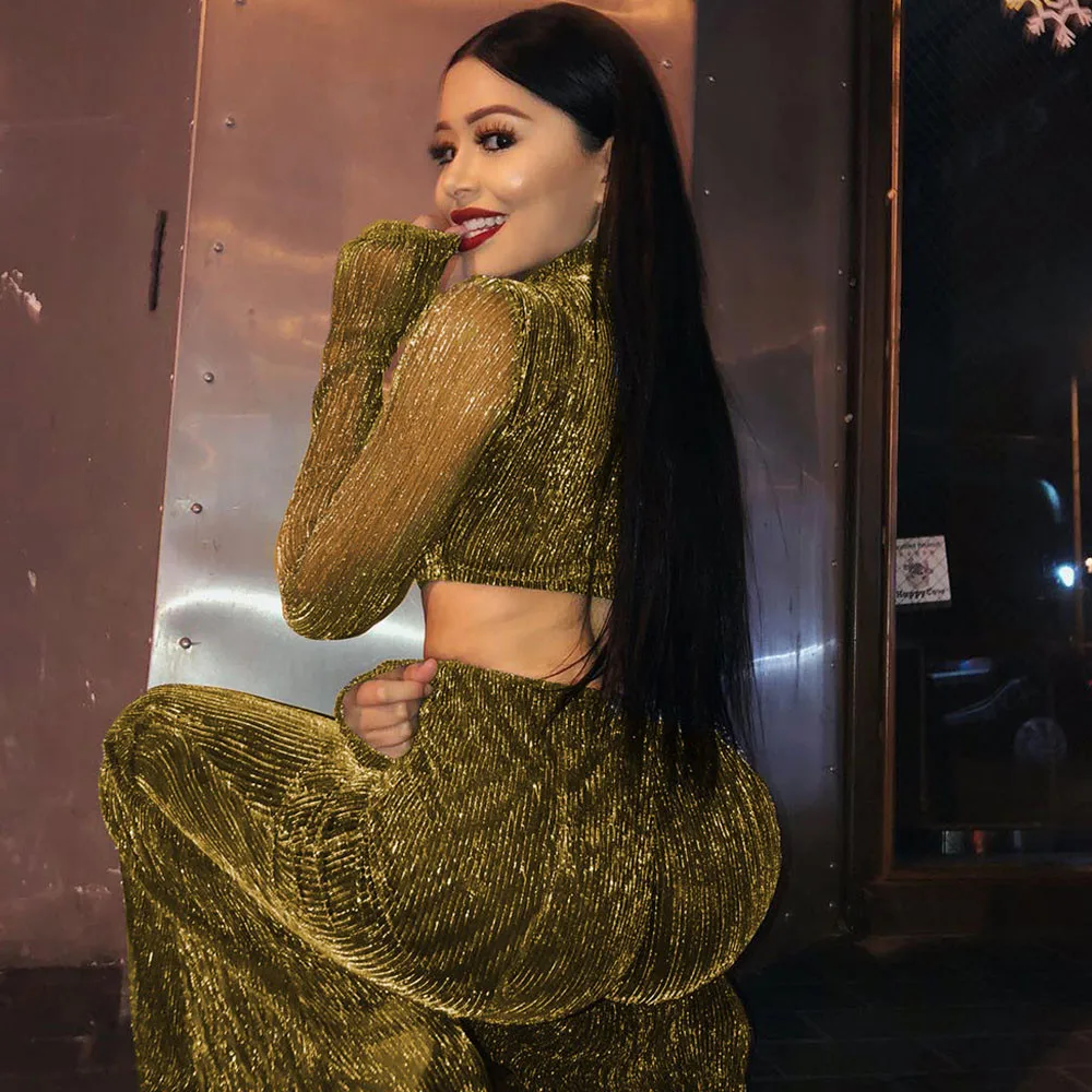 Сексуальный блестящий комплект из двух предметов для женщин водолазка с длинным