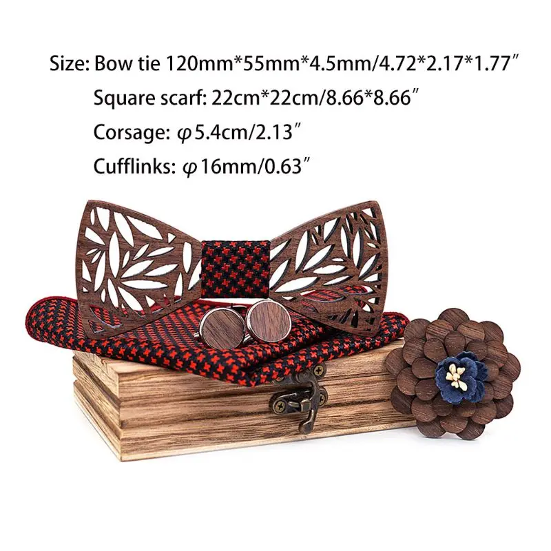 

Men Women Wooden Bowtie Square Scarf Wood Carved Hollow Cufflinks Corsage Set
