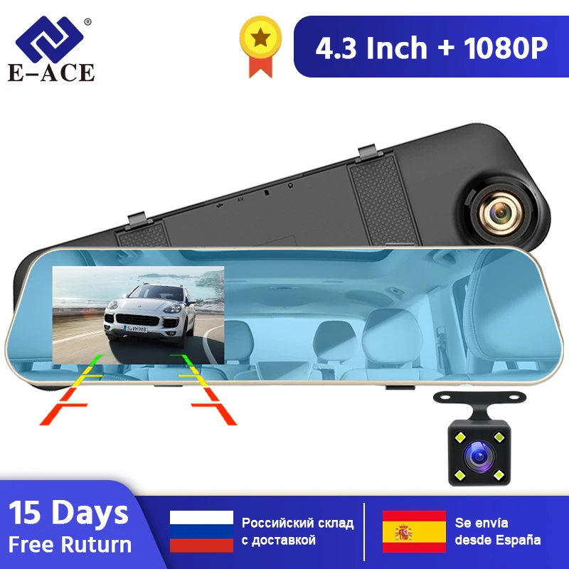 E-ACE A10, хит, Full HD 1080 P, Автомобильный видеорегистратор, камера, авто, 4,3 дюймов, зеркало заднего вида, цифровой видеорегистратор, двойной объектив, Регистрационная видеокамера