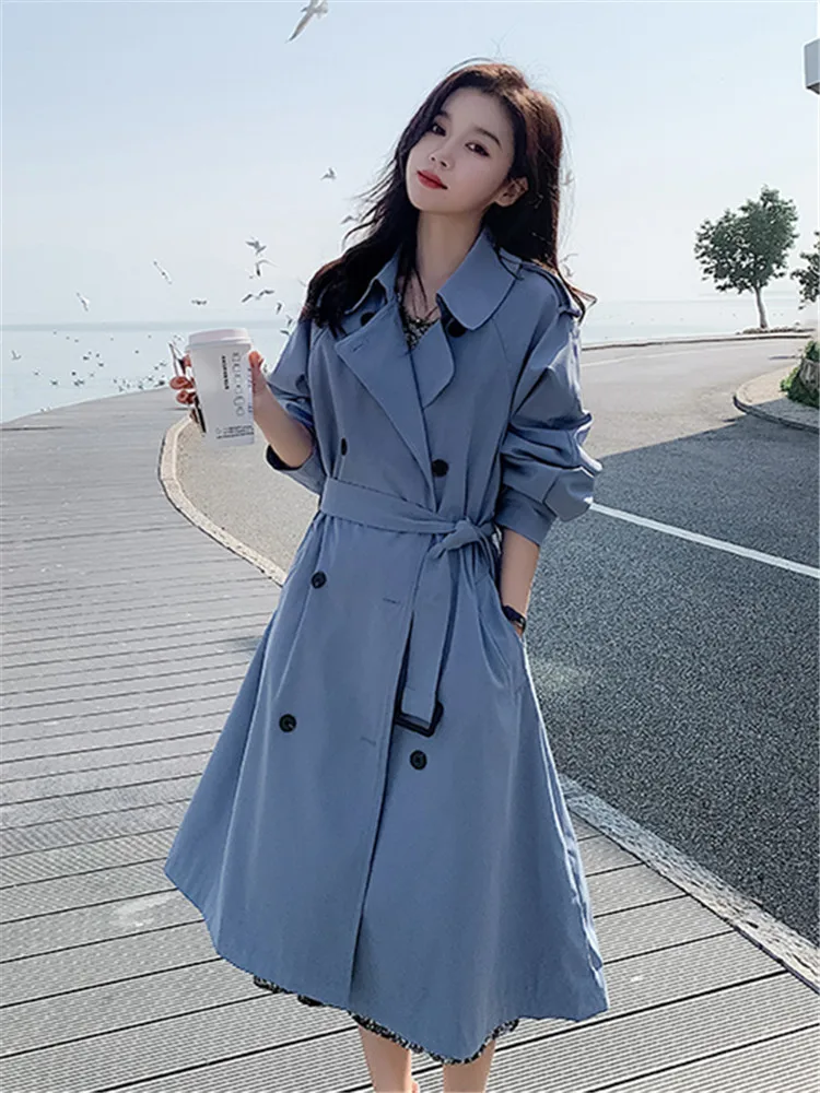 

Women's Windbreaker Spring Autumn New Fashion Loose Solid Color Wild Double-breasted Long-sleeved Commute Female Trench Coat 070