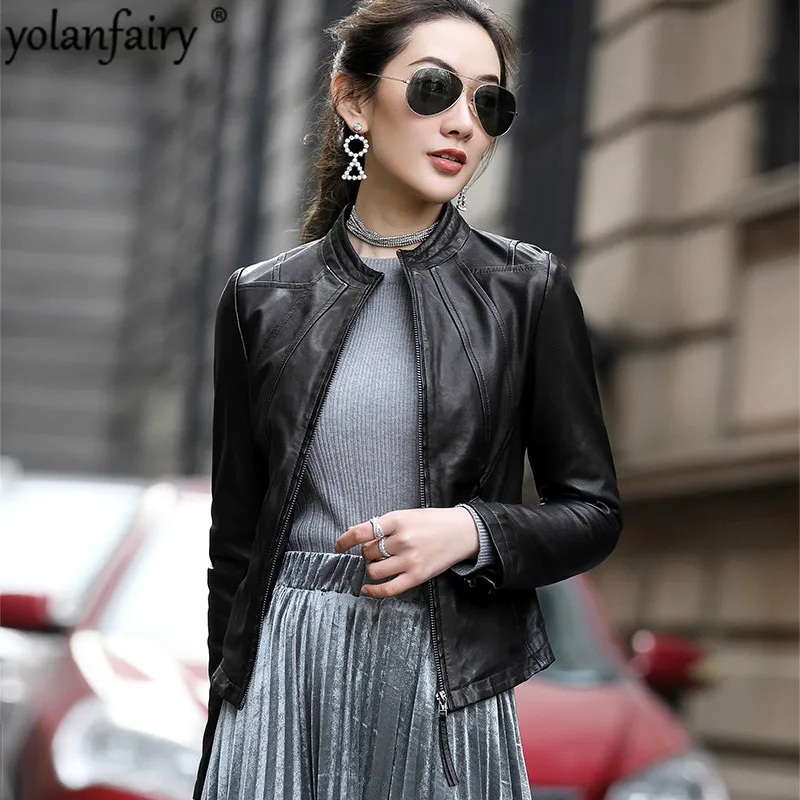 Женская кожаная куртка YOLANFAIRY из натуральной овечьей кожи верхняя одежда для
