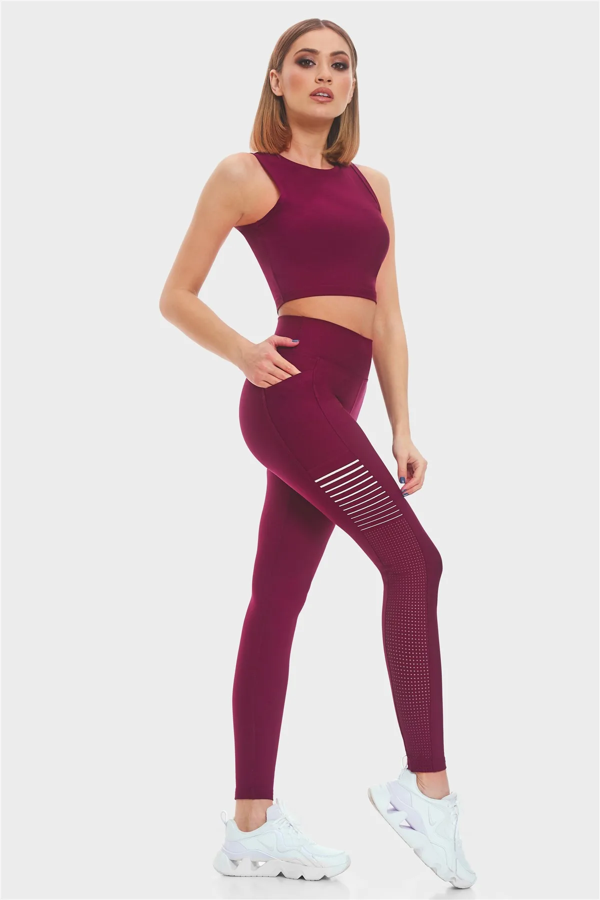 Superstacy Laser Cut Pocket High Waist Burgundy Sports Leggings