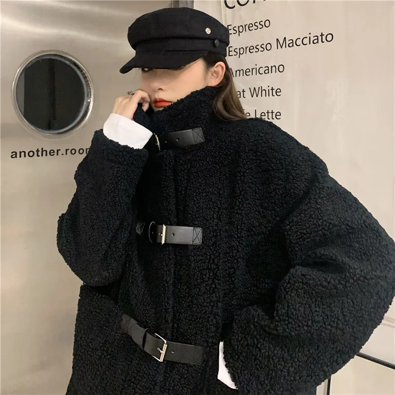

Winter Korean ins Hong Kong style solid color thick lamb wool coat female buckle stand-up collar locomotive warm cotton coat