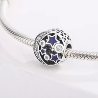 925 sterling silver sparkling night sky blue enamel stars cz crescent moon bead pendant charm bracelet diy jewelry for pandora