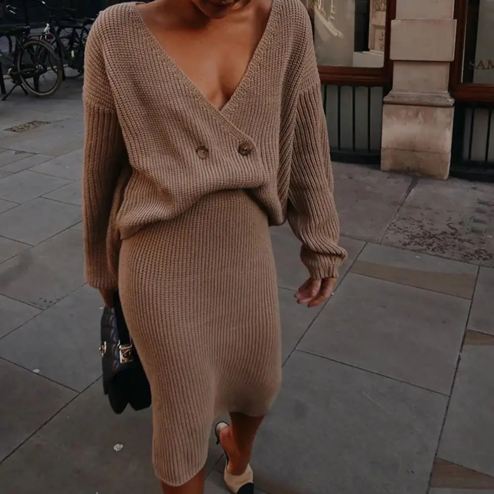 Женский свитер комплекты кардиганы с v-образным вырезом топ юбки комплект из двух