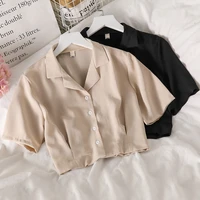 turndown collar short sleeve crop top chiffon shirt blouse women 2021 summer fashion street style casual button loose simple top