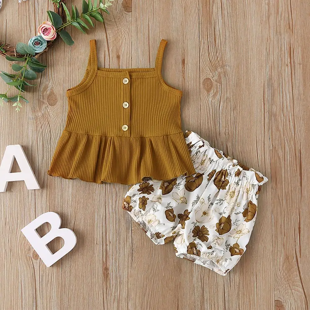 Las ni&ntilde;as Tops Color s&oacute;lido pozo rayas pantalones ni&ntilde;as Floral Tops estampados traje de pantalones cortos para vacaciones-0