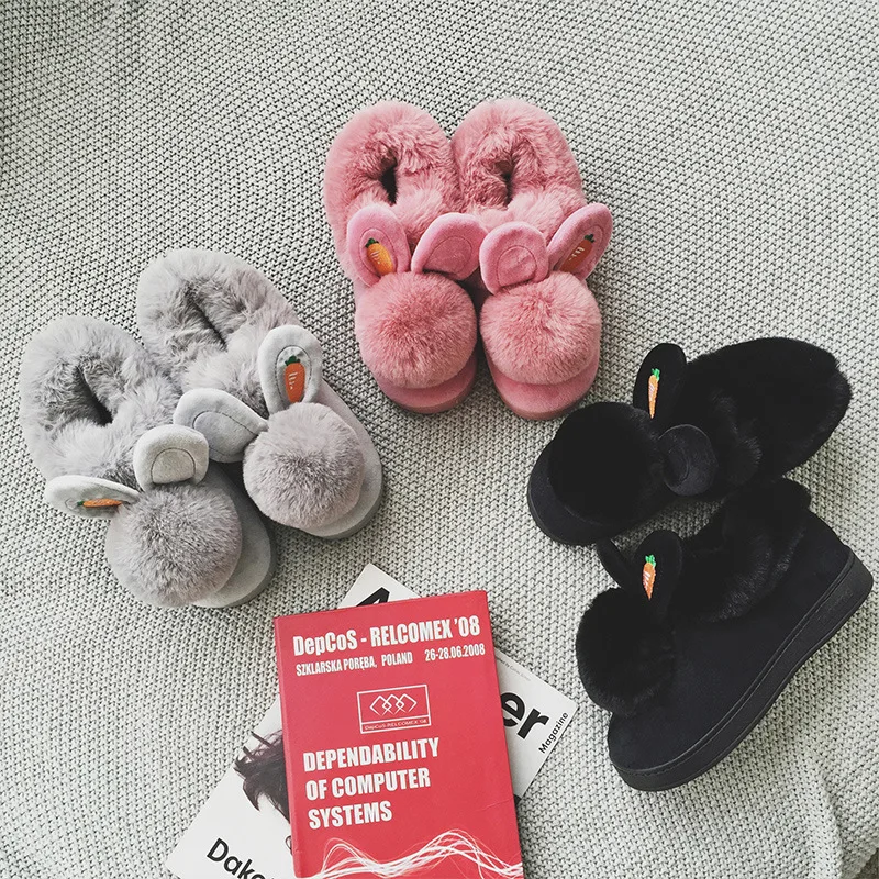 Милые тапочки с кроликом Женские черные зимние теплые меховые хлопковые