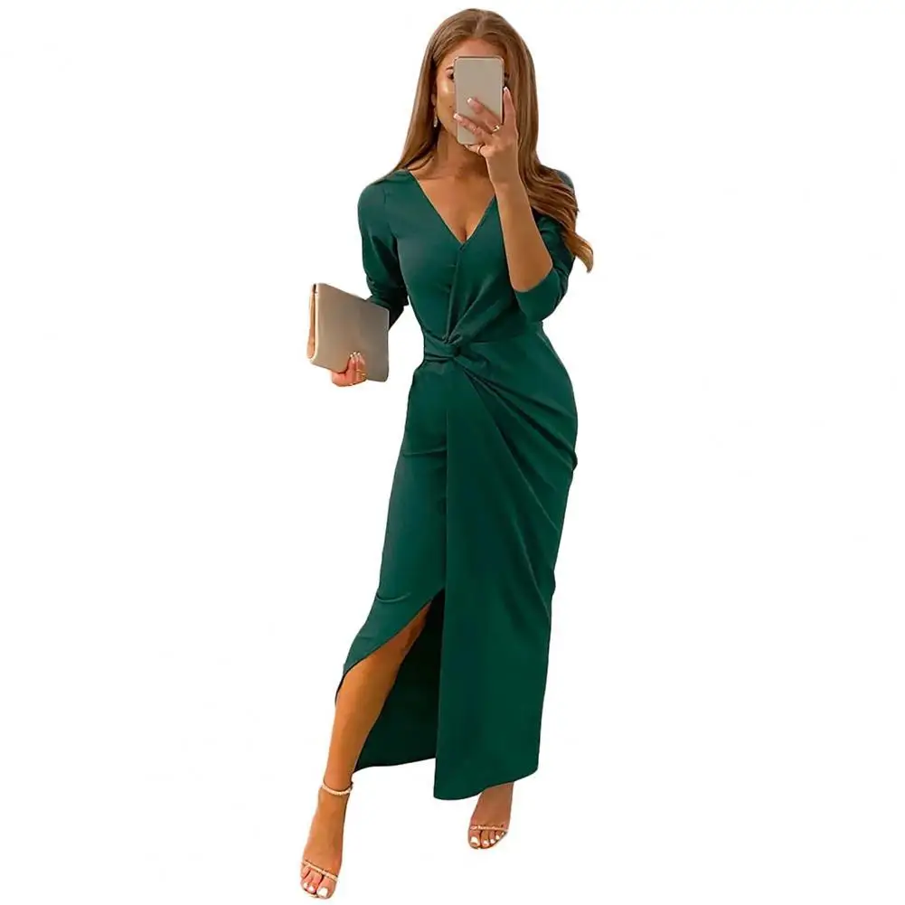 

2021 Autumn Solid Color Cotton V Neck Party Dress High Waist Long Sleeve Side Split Floor-Length Dress for Banquet