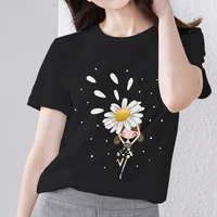 womens t shirt casual slim round neck classic daisy fairy pattern series printed basic breathable comfortable womens black top