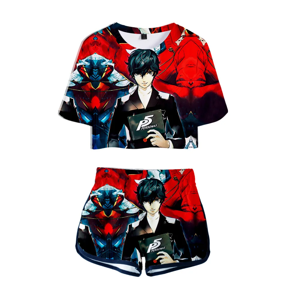 Аниме игры P5 Persona 5 3D для бега с Для женщин из двух частей комплект футболка и шорты