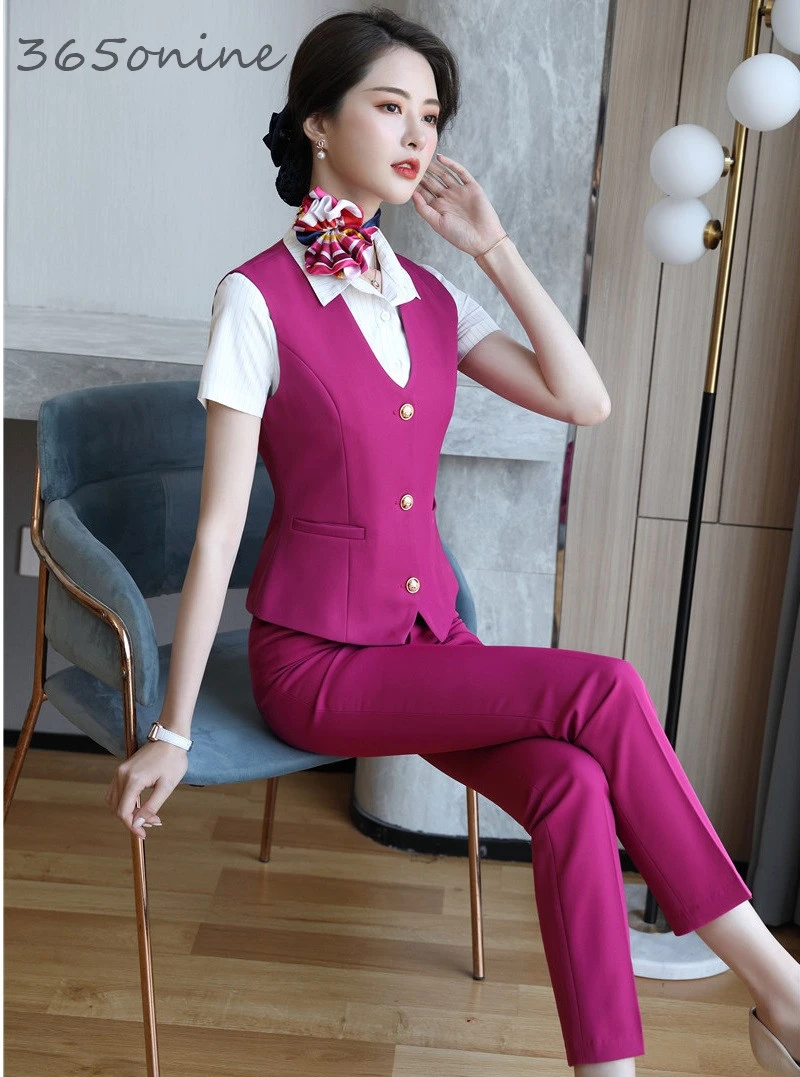 

Novelty Rose Formal 2 Piece Set with Pants and Tops for Women Business Work Wear Vest & Waistcoat Suits Ladies OL Styles Blazers