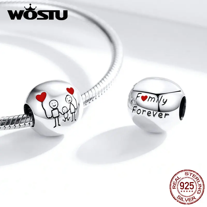 WOSTU Happy family, бусины, 925 пробы, серебро, My family, круглые подвески, подходят к оригинальному браслету, подвеске, сердцу, удача, ювелирное изделие DXC1339