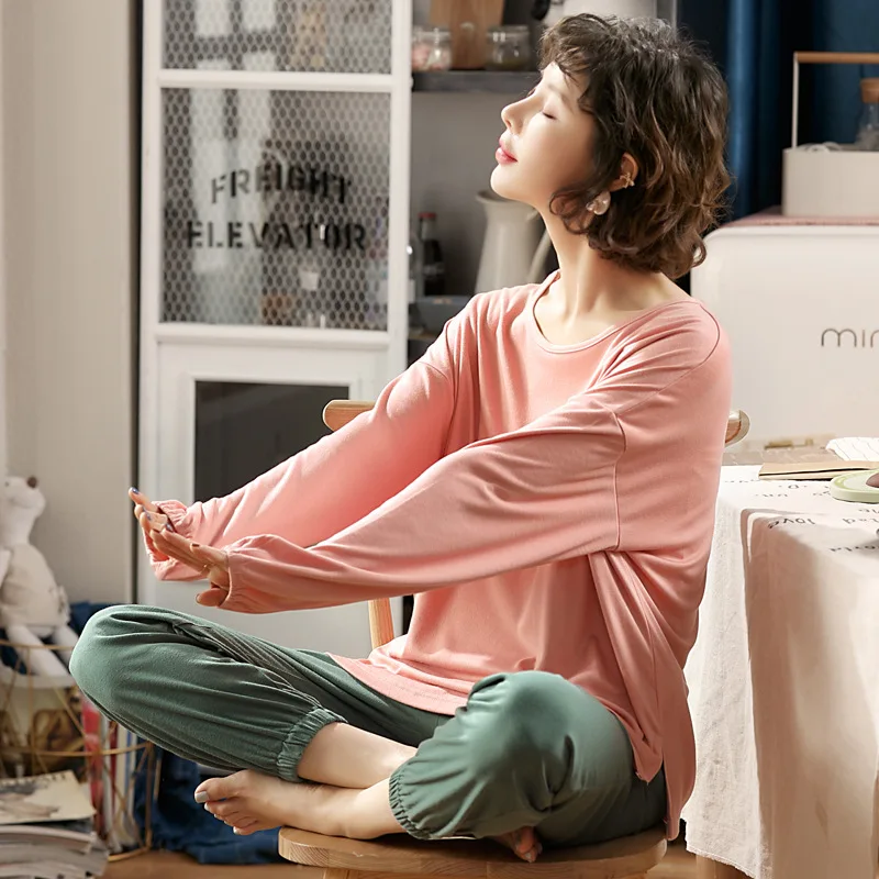 Хлопковые Пижамные комплекты женские осенние пижамы одежда для сна с длинным