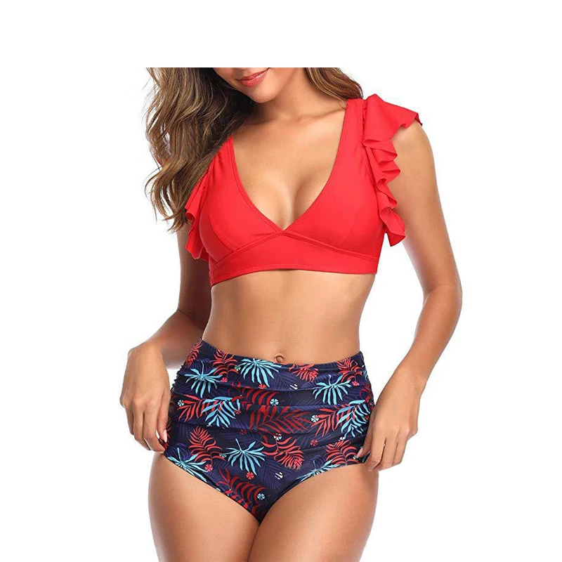 

Swimwear Women 2021Solid Sexy Bikini High Waist Split Swimsuit V Neck Backless Beach Swimsuit Print Ruffle Swimming Costume