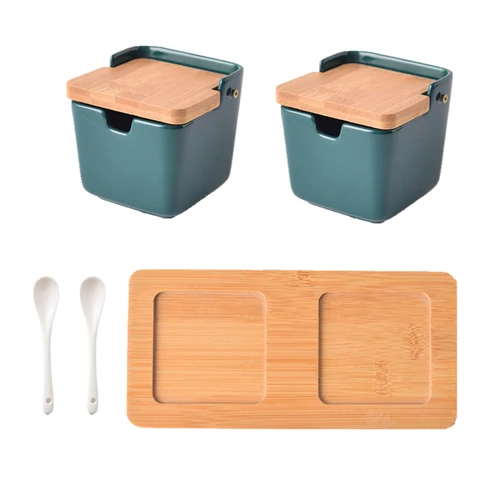 GREEN 2PCS SET Скандинавский креативный горшок для приправ, сахарница, кухонная керамика, горшок для приправ, коробка для приправ, Европейский бытовой горшок для приправ, солевой горшок, банки - Цвет: GREEN 2PCS SET