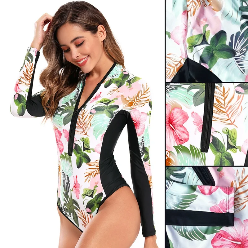 

Floral 1 Piece Swimsuit Women Swimwear Monokini Long Sleeve Printed Female Bathing Suit Surfing Bodysuit Swim Wear