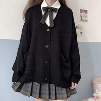 women cardigan japanese style sweater fall winter v neck knitted tops uniform lazy cardigans womens wear black sweater