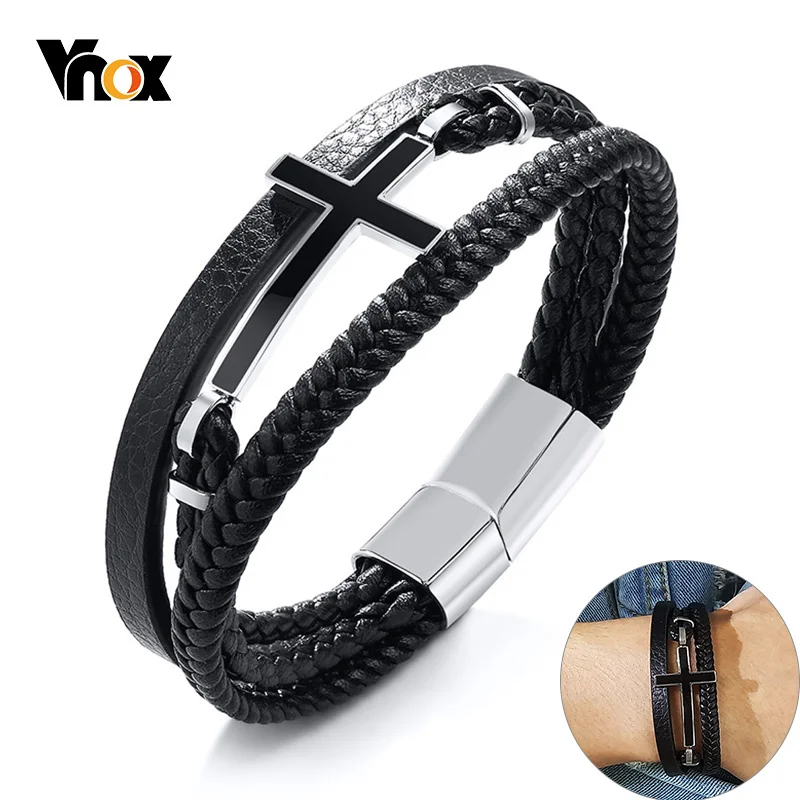 Фото Vnox высококачественный Многослойный кожаный браслет для мужчин из нержавеющей