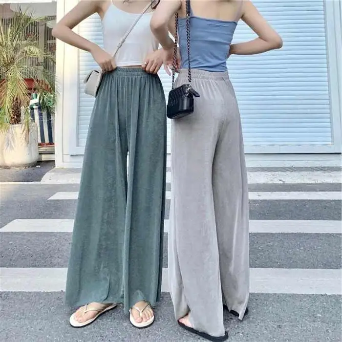 

Grey wide leg pants women's summer 2021 new high waist drop loose small straight knitting floor pants thin