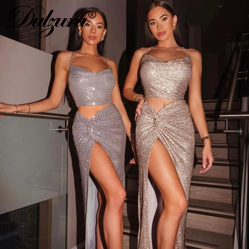 

Dulzura Bling Glitter Sequins Women 2 Pieces Strap Crop Top Cut Up Ruched Midi Skirt Set Party Elegant Club 2021 Autumn Winter
